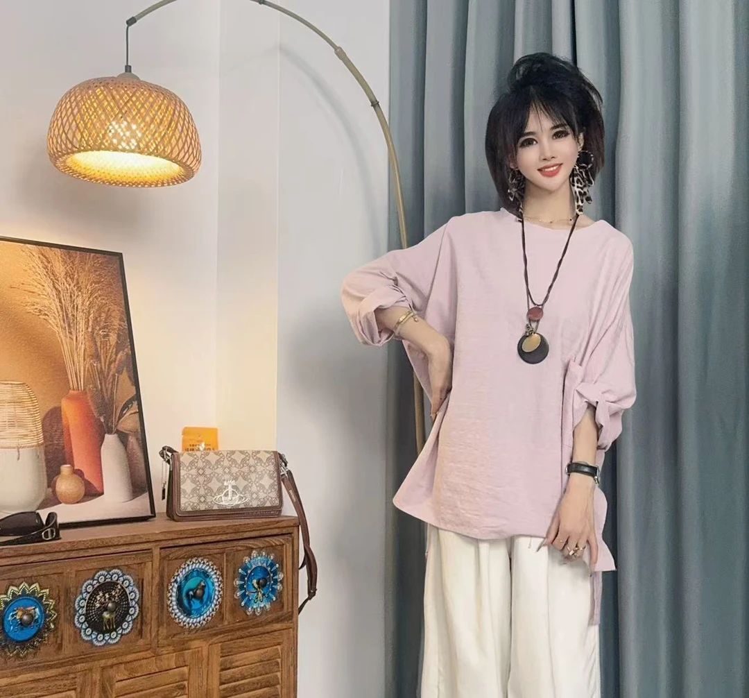 【沐木流浪记】（朝露）粉紫色圆领时尚百搭女衬衫Z