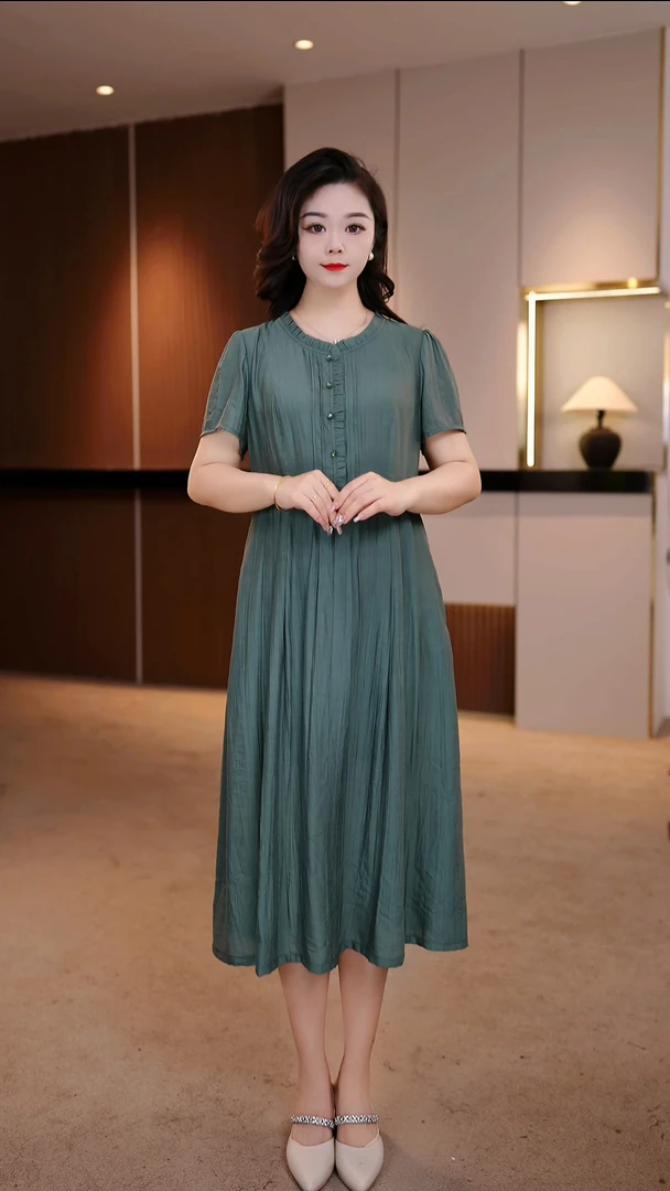 25年夏款大码女装遮肉显瘦抗皱吸汗收腰连衣裙 [D] FY-337