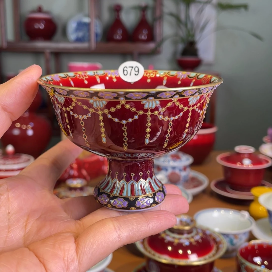 清欢雅玩原矿郎红藏品珐琅彩高脚杯