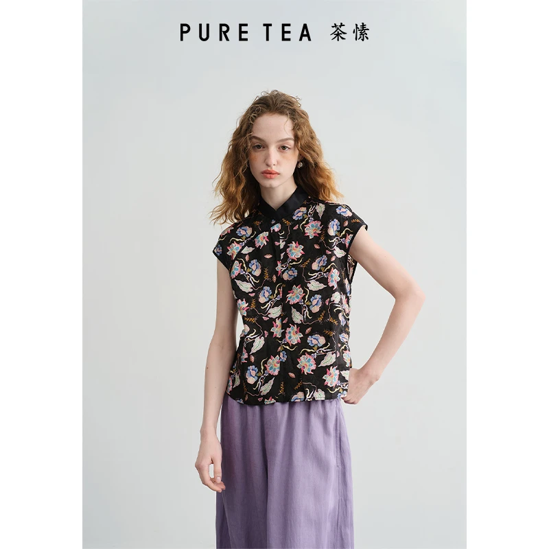 【蝶恋花】puretea茶愫丝麻印花背心女中式斜襟上衣新款TJ0101C21