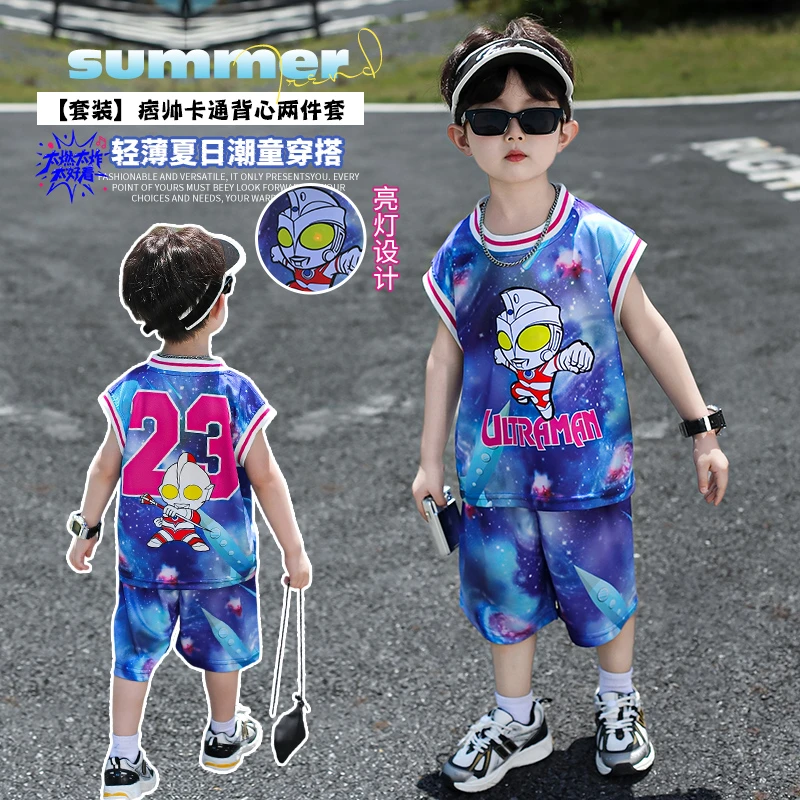 男童夏季套装2025新款痞帅气儿童洋气宝宝男孩无袖背心奥特曼衣服