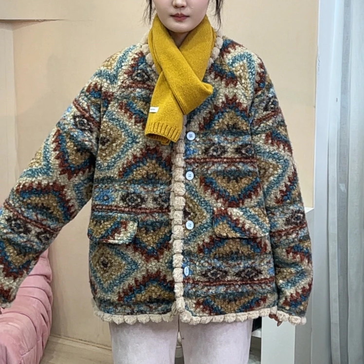 1148费尔岛复古圈圈毛慵懒风加厚外套棉衣女