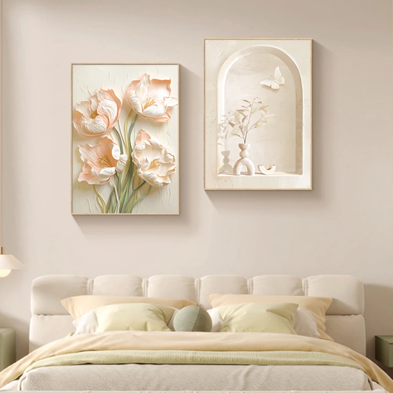 奶油风卧室装饰画高级感花卉简约床头组合挂画餐厅背景墙壁画两联