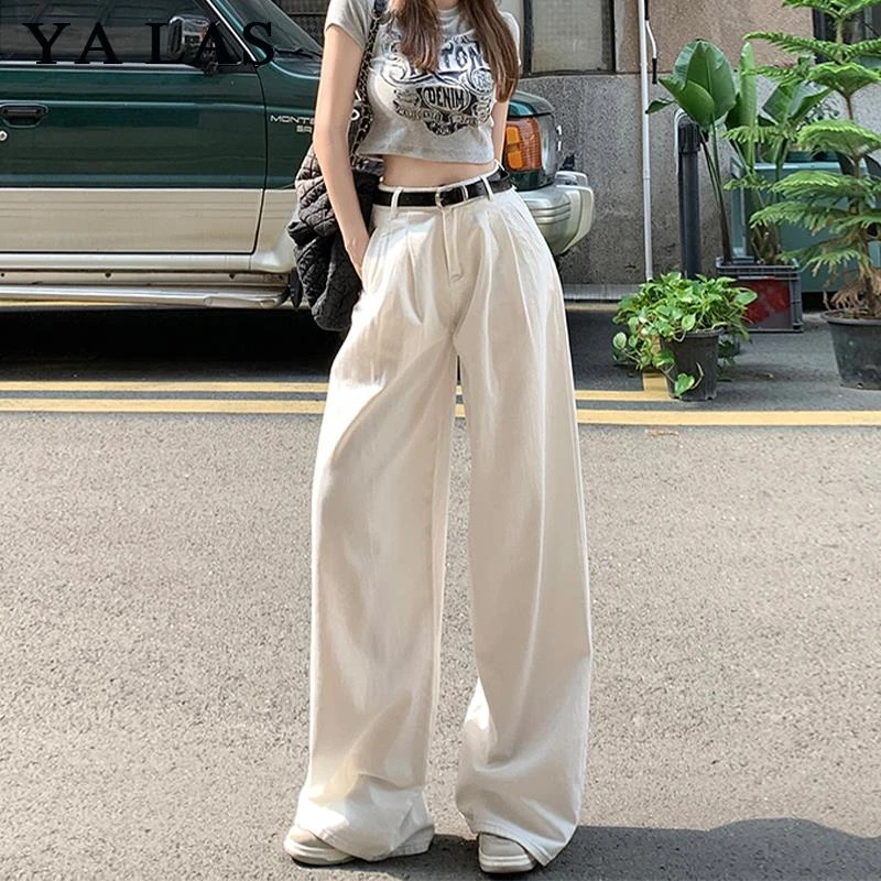 杜拉妮美式白色阔腿牛仔裤女2025夏款高腰宽松褶皱慵懒垂感直筒裤