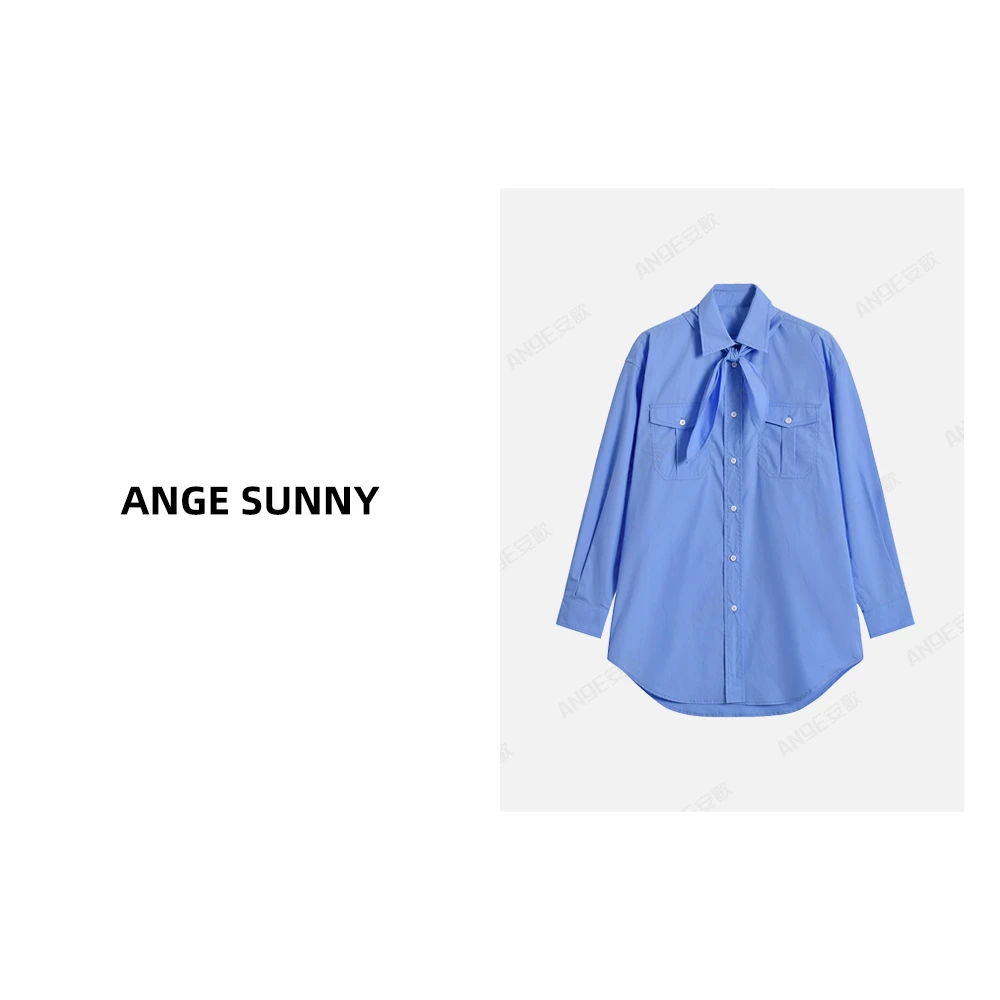 ANGE SUNNY【字母刺绣飘带衬衫】时尚新款 纽扣口袋蓝色长袖衬衫