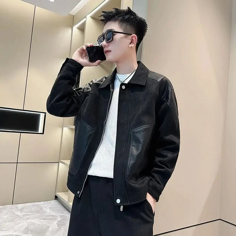 秋冬拼接夹克高级感通行皮衣2025新款痞帅炸街外套夹克上衣男士