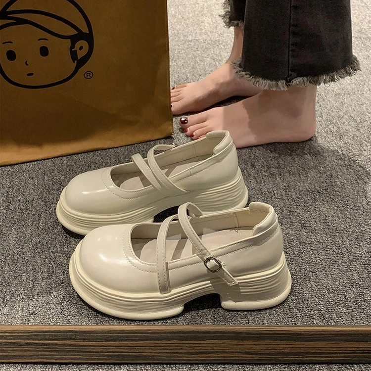 白色粗跟厚底法式玛丽珍鞋女2025新款夏季圆头浅口英伦风小皮鞋女