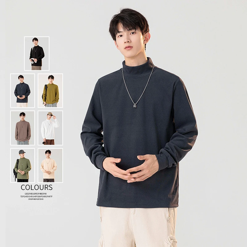 【直播爆款】秋冬百搭半高领德绒卫衣男长袖加厚套头纯色休闲百搭