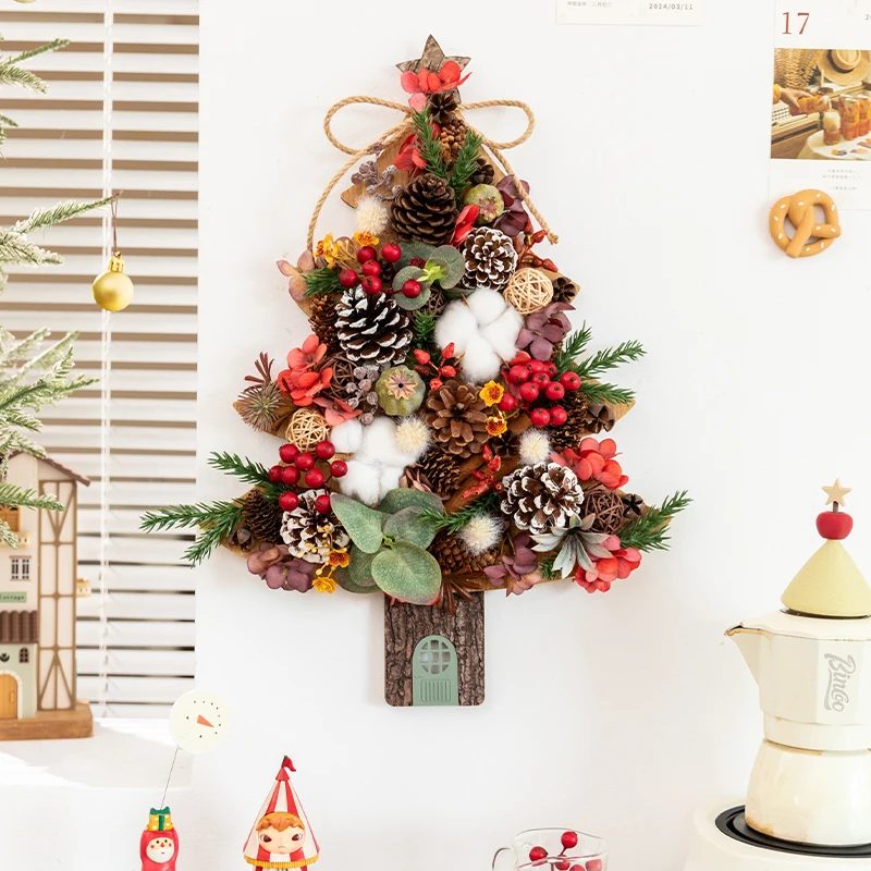阿楹 高级复古墙上圣诞树松果干花门饰挂件微景观氛围场景布置灯