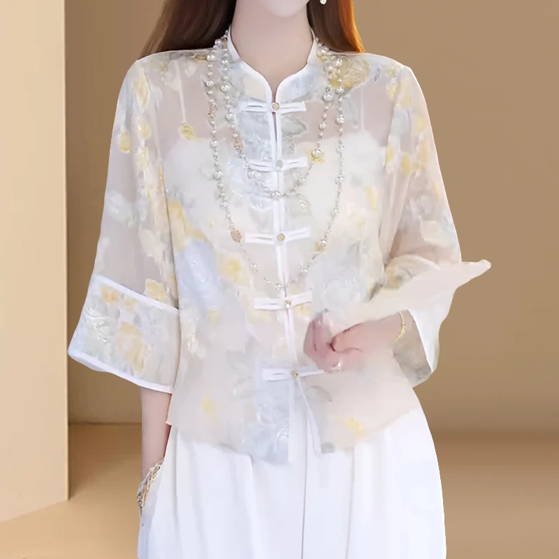 国风防晒外套绣花2025微透衬衣新中式立领小衫新款朦胧感五分袖