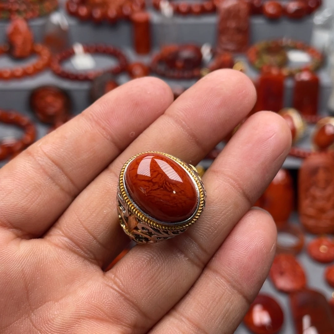 南红玛瑙银S925镶嵌珠宝奇石戒指
