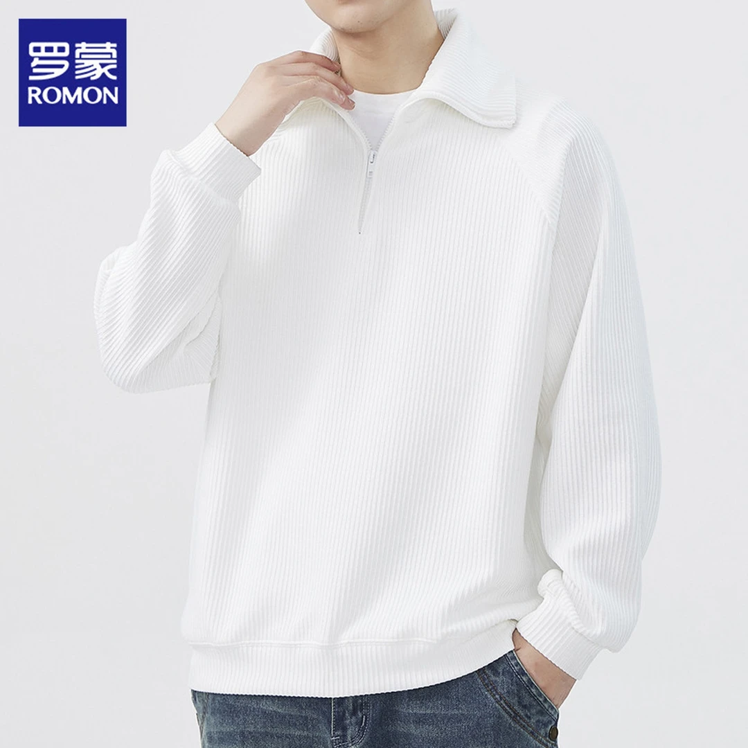 罗蒙男士长袖卫衣秋季新款潮流半拉链翻领宽松慵懒风打底衫男装