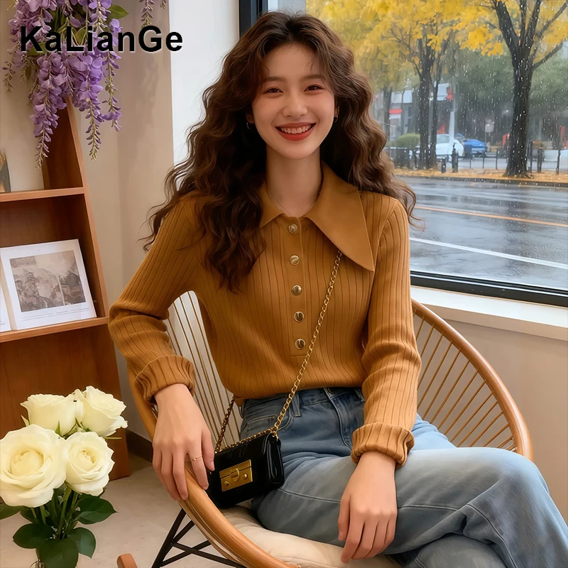 卡莲格/大码女装高级感Polo翻领套头针织衫秋季显瘦内搭打底上衣