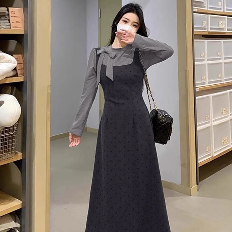 圆领中长裙套头款长裙冬季连衣裙秋冬女装小黑裙长袖