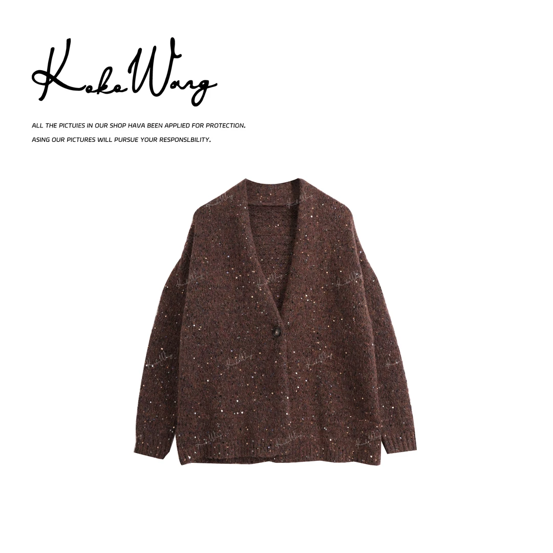 KOKO WANG 秋冬慵懒风V领细闪软糯时尚中长款针织开衫X0685J11W46