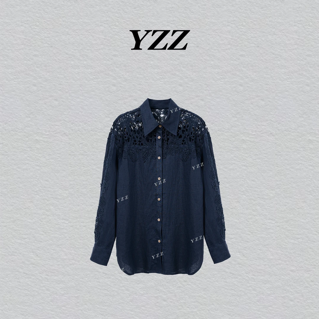YZZ“初春” 亚麻洋气设计款镂空气质衬衫质感长袖上衣 810743