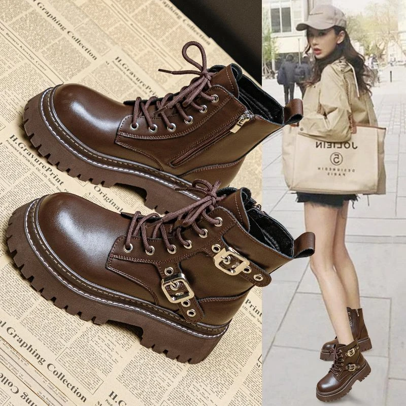 真皮马丁靴女2025春秋新款帅气工装火短靴子厚底增高英伦风单靴