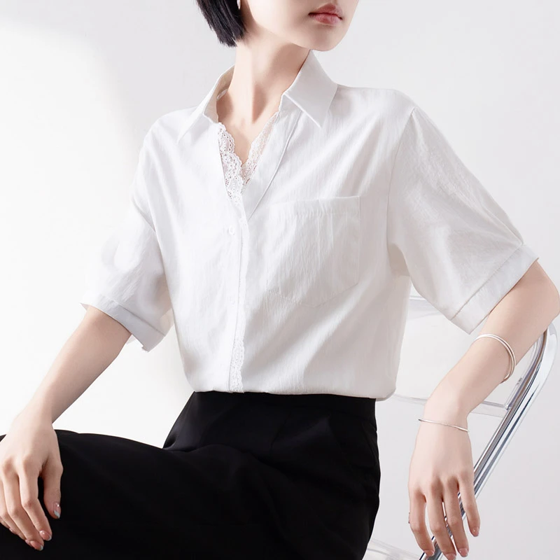 蕾丝花边拼接白色V领短袖衬衫女2025夏设计感休闲通勤上衣