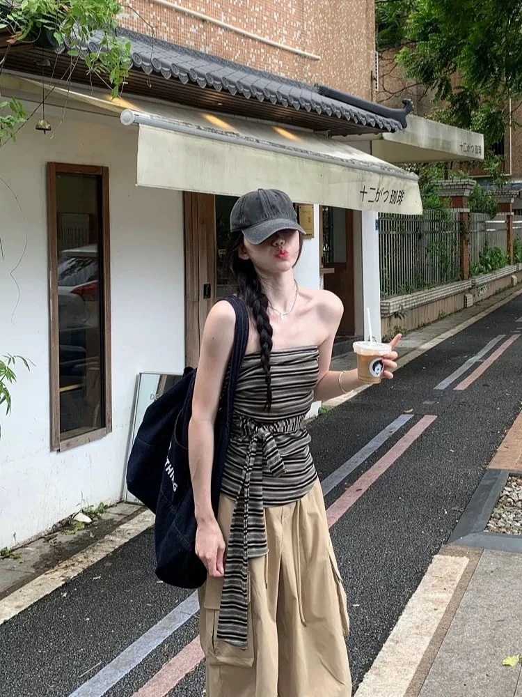 NIDE  807夏季新款纯欲辣妹绑带修身无袖设计感撞色条纹背心上衣
