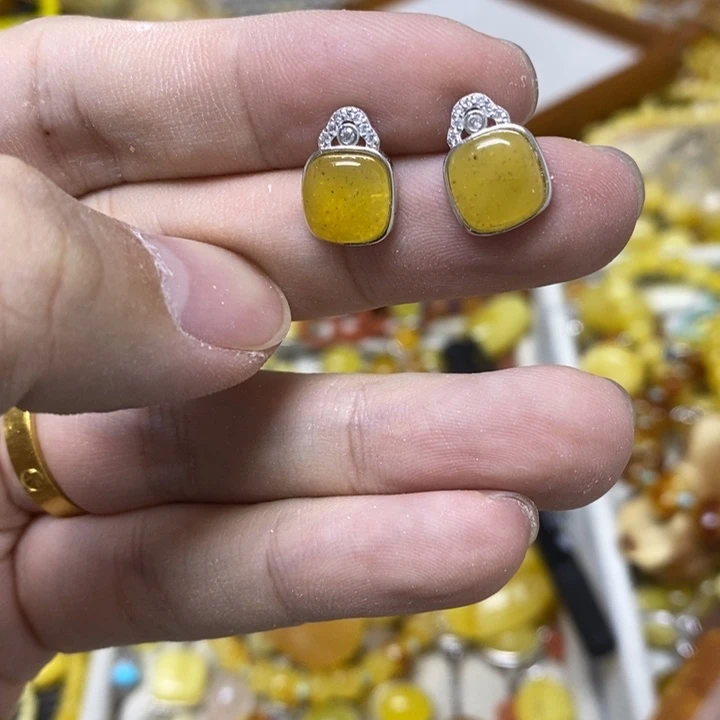 蜜蜡银S925镶嵌裸石耳钉