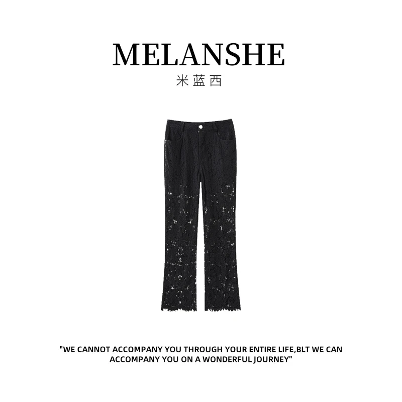 薄款休闲风直筒长裤休闲裤夏设计师松紧腰提花蕾丝长裤 99