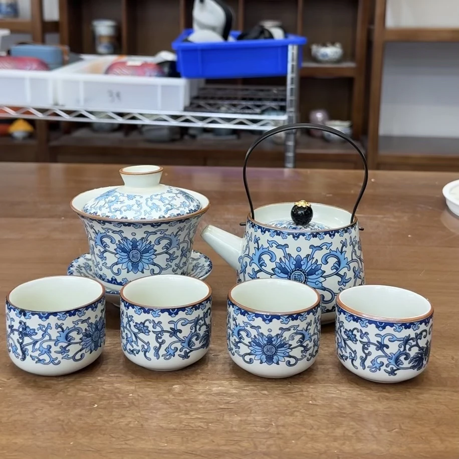 AS105 青花瓷提梁壶一壶四杯带盖碗