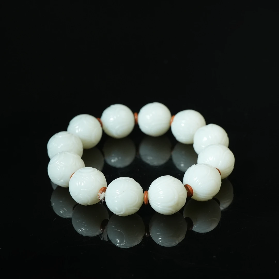 清代和田玉莲瓣纹圆珠手串【华豫之门】LLFF2501112059