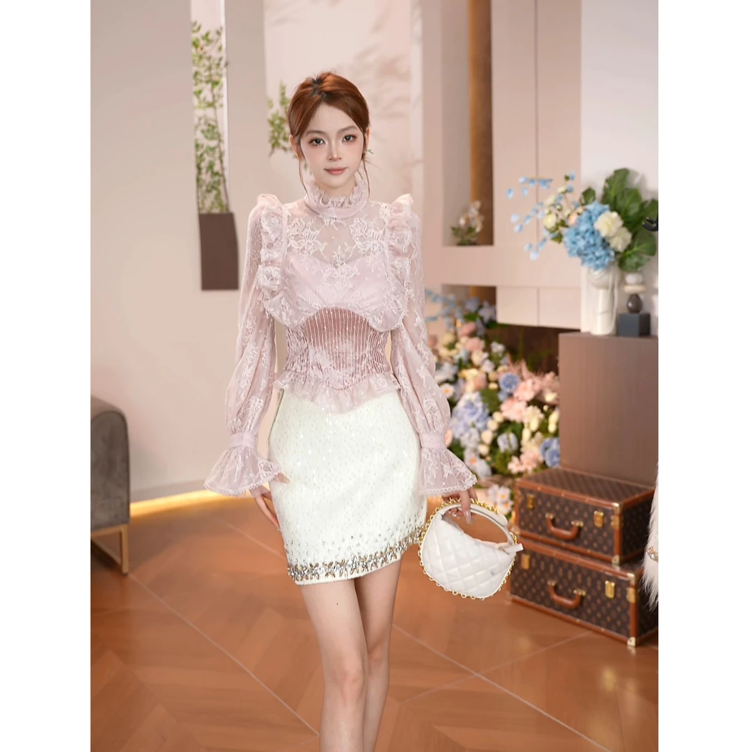 【鹿鹿专属】半高领修身型包袖长袖显瘦高级轻奢刺绣优雅-15578