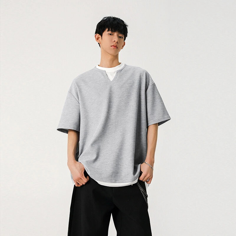假两件v领短袖t恤男款夏季日常美式重磅潮牌痞帅宽松休闲百搭半袖