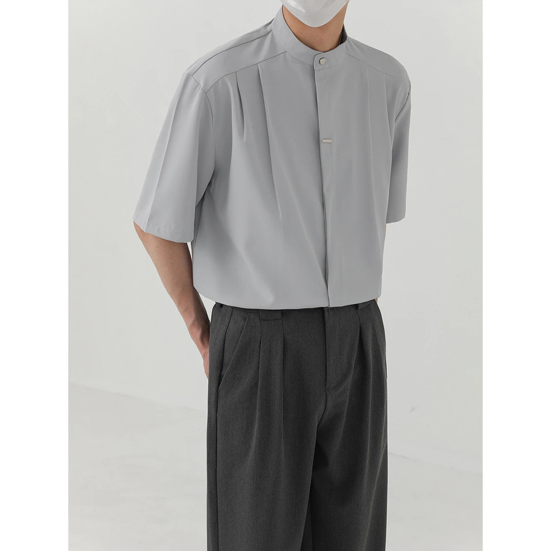 卓卓新中式国风立领短袖衬衫男夏季上衣潮流高级垂感免烫半袖衬衣