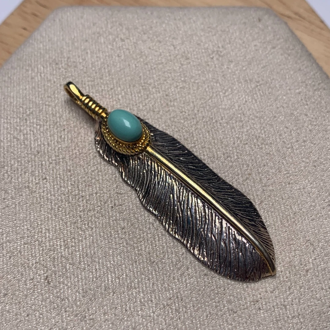 原矿绿松石镶嵌S925银羽毛叶子做旧工艺吊坠