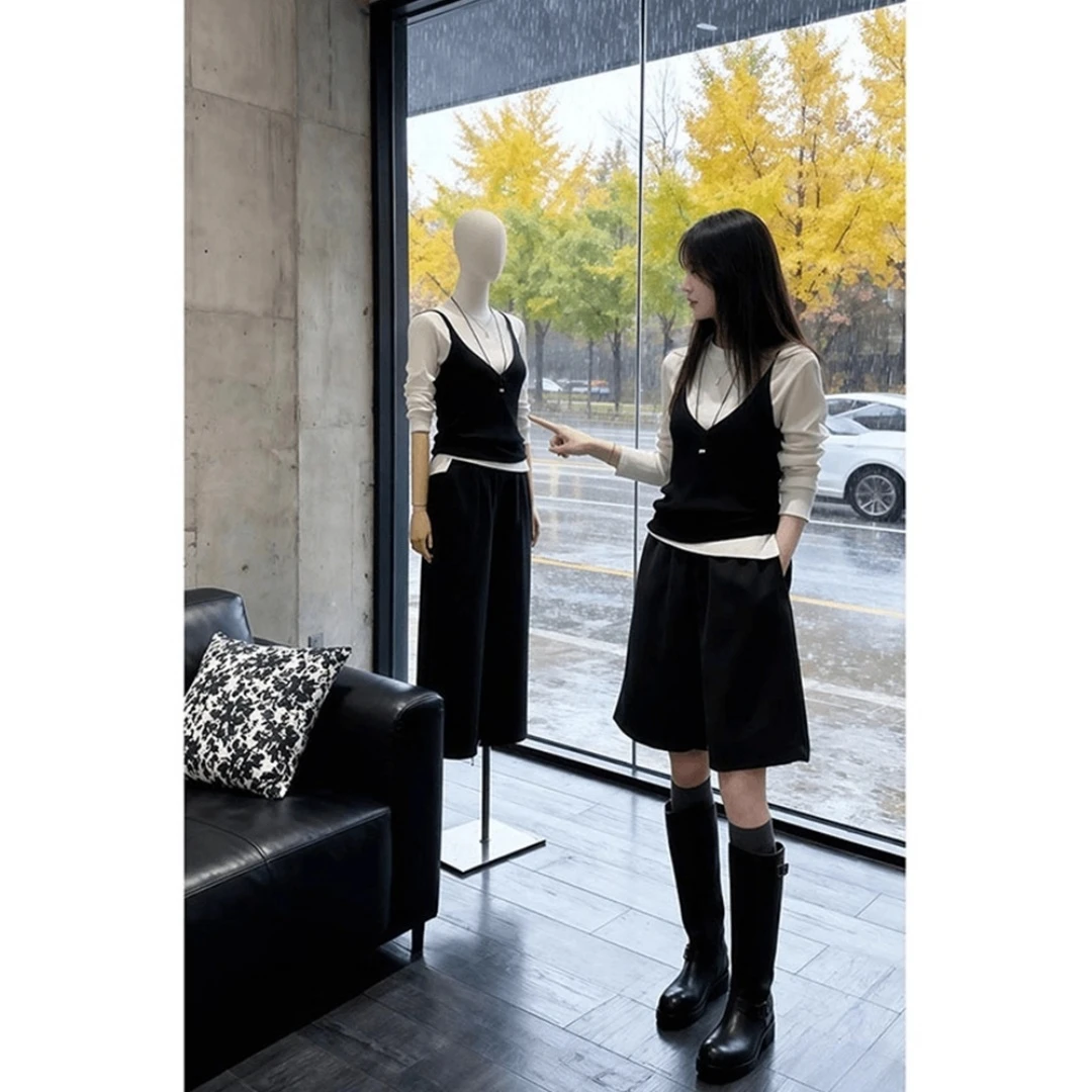 韩系穿搭三件套上衣女秋冬高黑色V领吊带叠穿打底t恤裤子一整套