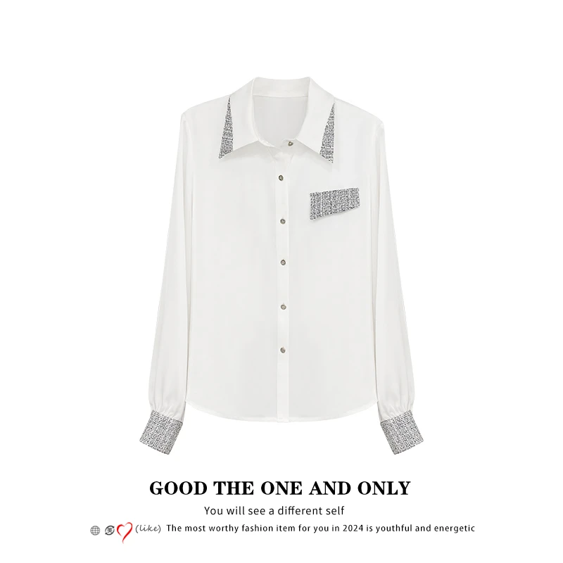 高级设计感撞色拼接小香风翻领衬衫300698