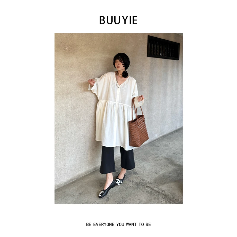 BUUYIE 25SS【云澹】高级感新款显瘦百搭V领连衣裙 250715