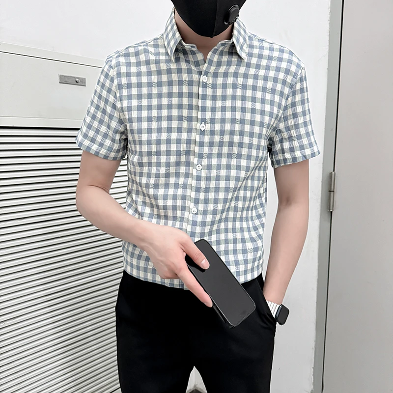 夏季时尚休闲夏季细格男士衬衫百搭薄款男士男修身痞帅格纹衬衣