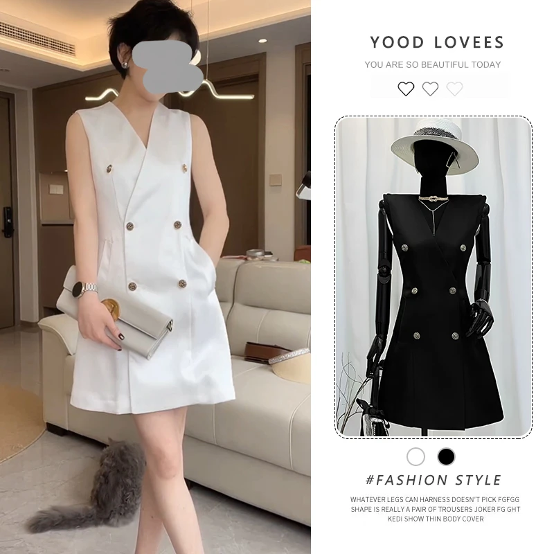 无袖连衣裙女2025夏季新款收腰显瘦气质高级感V领双排扣A字短裙