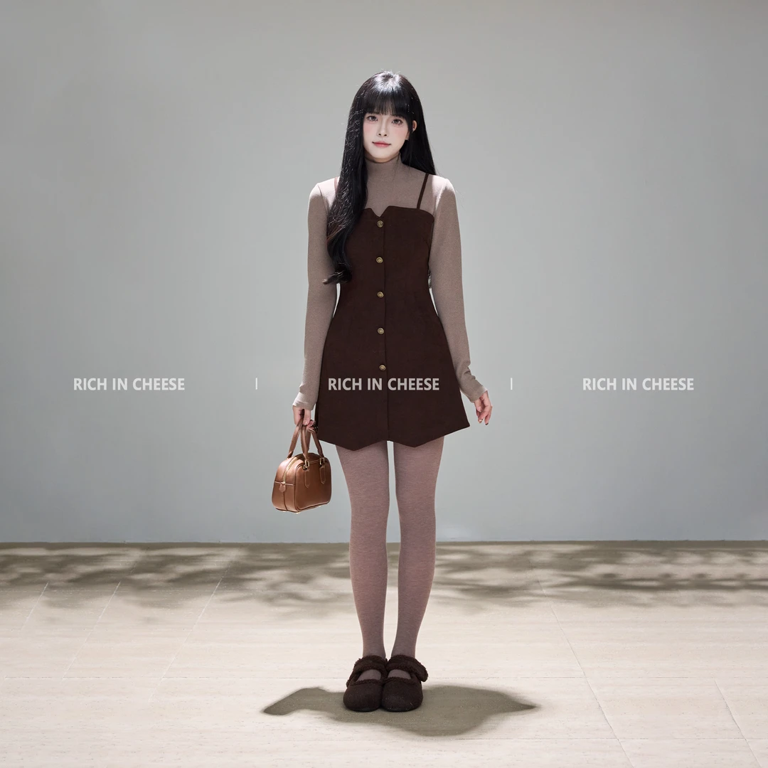 RICHINCHEESE 月光私语 秋冬假两件廓形设计拼接气质收腰连衣裙