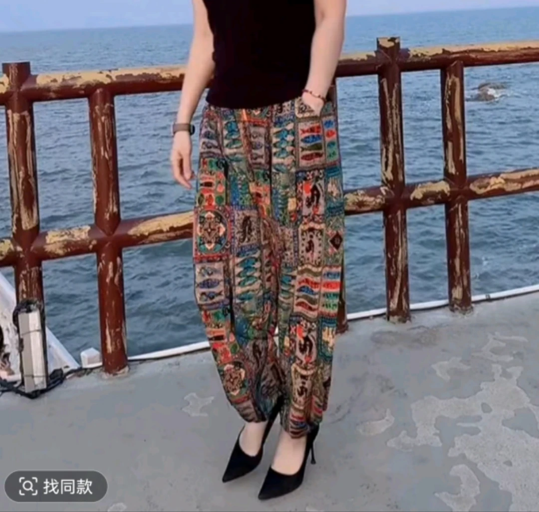 高弹力透气百搭长裤女装宽松束脚裤夏季休闲风时尚复古花色休闲裤