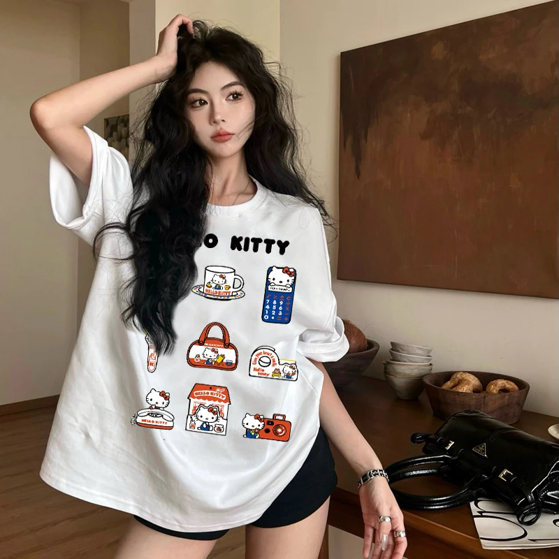 卡通KT猫印花纯棉短袖T恤大码女装夏季休闲t恤百搭女装上衣ins潮t