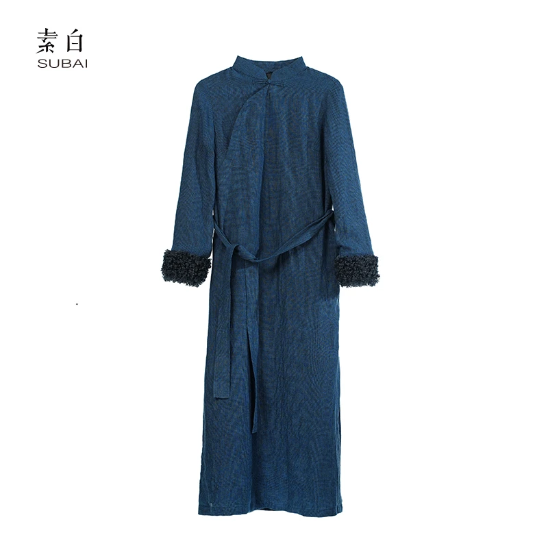 素白复古加厚【素兰格】P01908中国风小众款蓝色特色旗袍