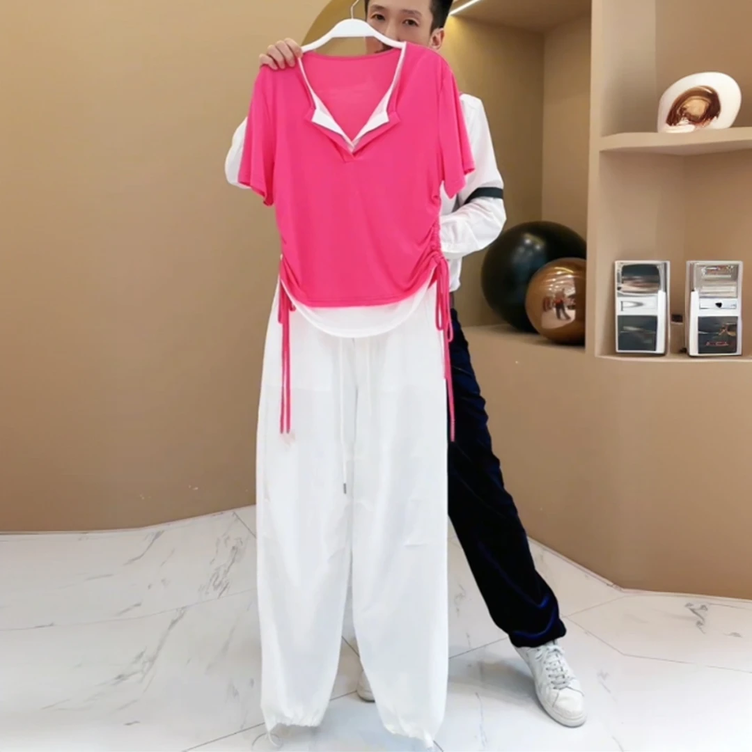 时尚设计撞色假两件拼接短袖T恤女2025新款宽松休闲显瘦百搭上衣