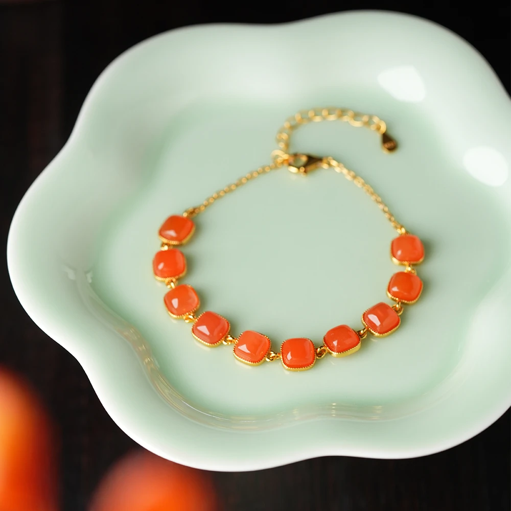 御臻珠宝｜南红｜S925银｜方糖南红玛瑙百搭银手链气质轻奢复古国风