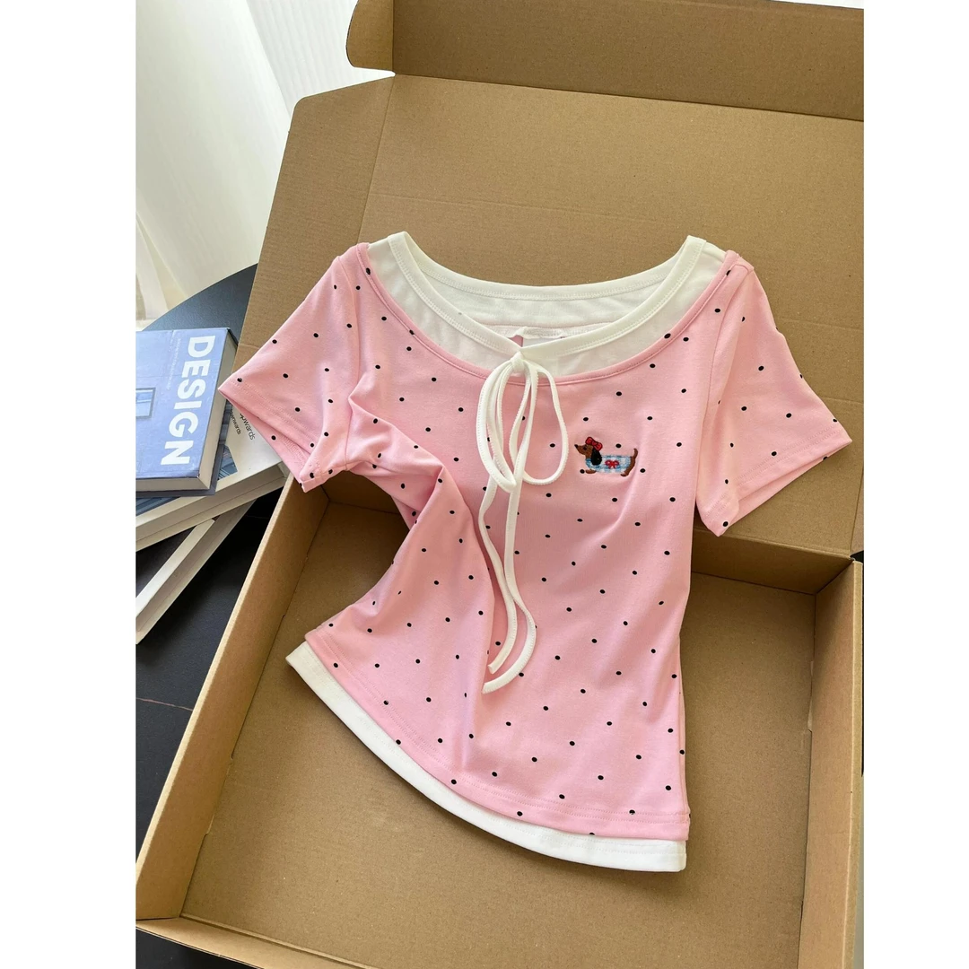 2025新款夏季爆款粉色小波点T恤女款百搭减龄正肩假两件短袖上衣