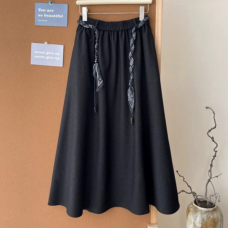 11810[YY专享]设计感显瘦丝巾腰带A字秋季半身裙遮胯百搭中长款