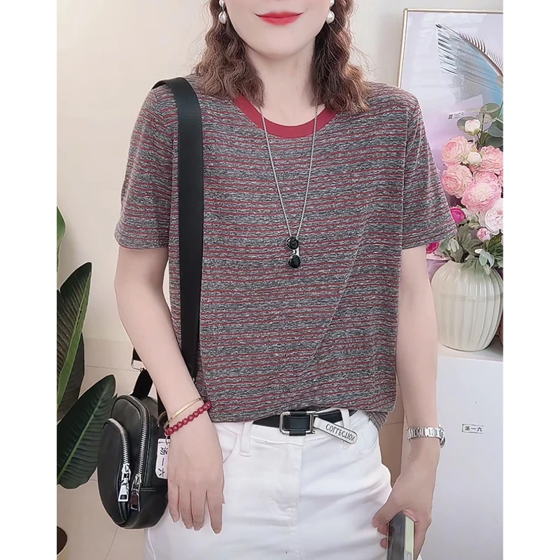 2025年夏季条纹短袖T恤女圆领显瘦洋气休闲时尚正肩上衣 205-0524
