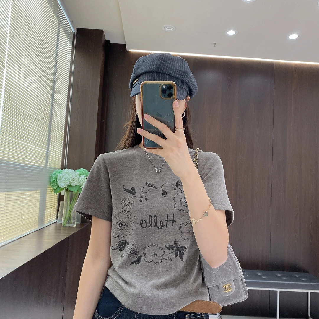 IMFLY金小金自制女装 T恤DYW9597花朵印花圆领洋气衣服女短袖上衣