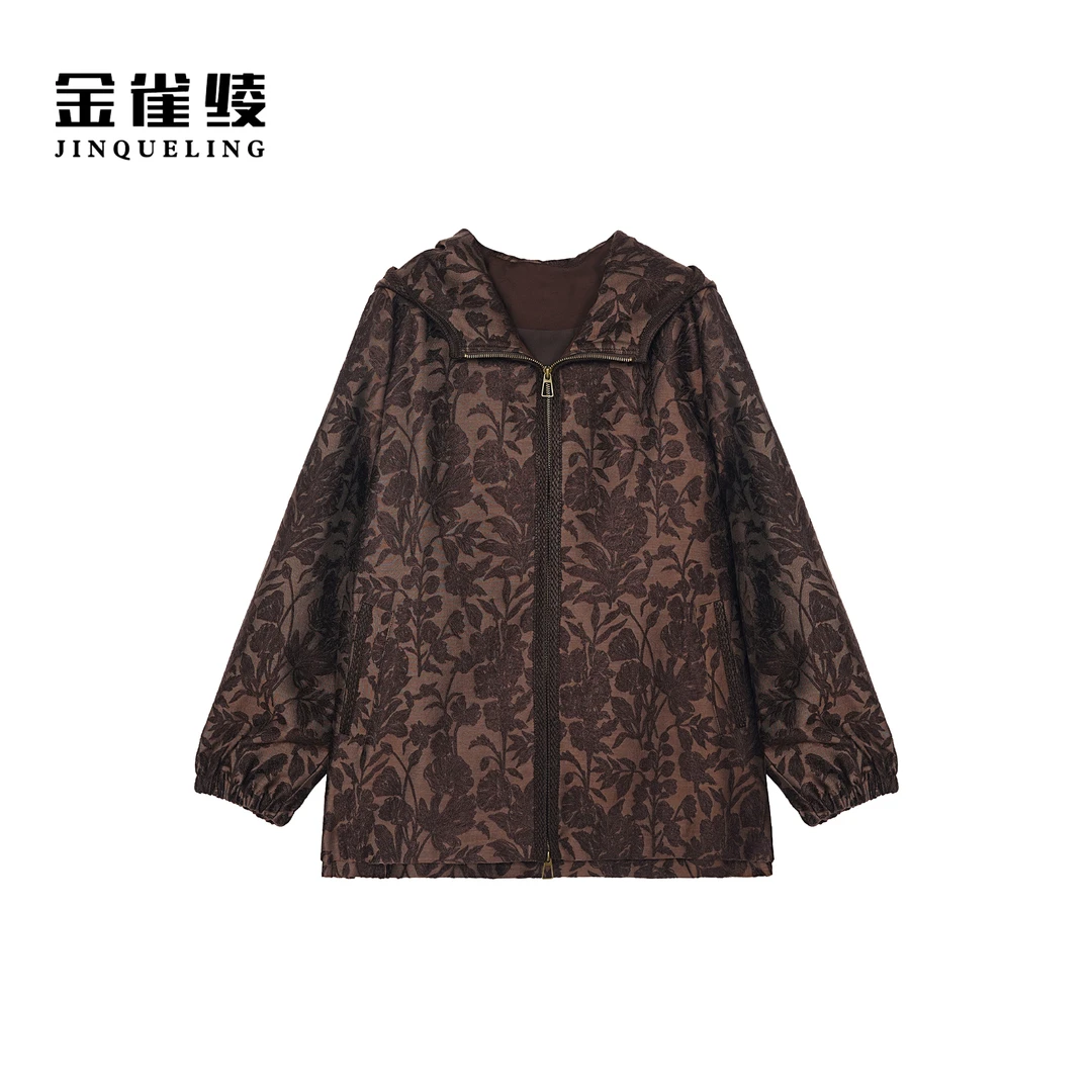 金雀绫【挪威森林】时尚拉链休闲连帽老钱风加宽加大外套SZA3TW599