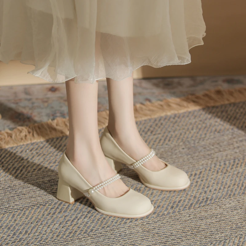 法式方根高跟鞋圆头小皮鞋温柔玛丽珍鞋女夏季2025新款一字带单鞋