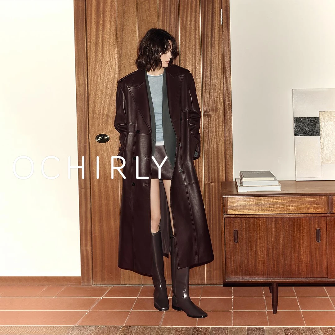 OCHIRLY欧时力 半植鞣绵羊皮真皮外套女长款风衣腰带秋季新品