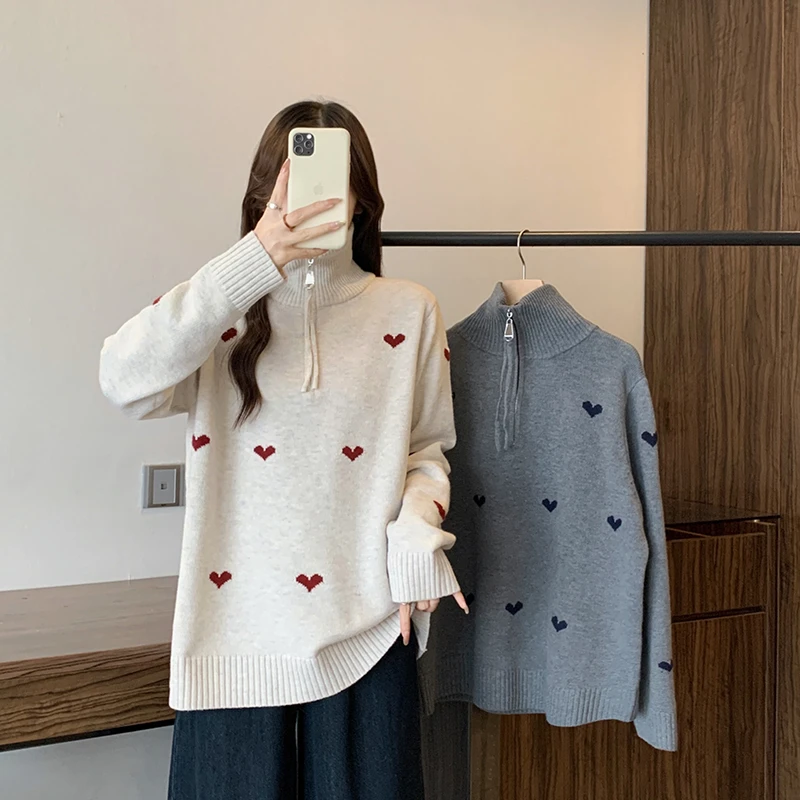 大码胖mm时尚半拉链爱心提花针织衫女秋冬新款显瘦加厚保暖毛衣